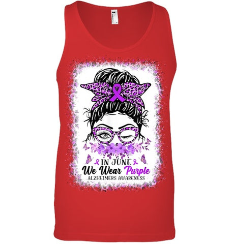 Image of In June We Wear Purple Alzheimer Awareness Messy Bun Support T Shirt