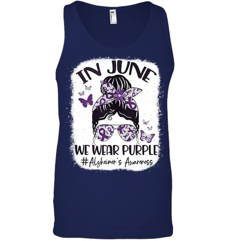 Image of In June We Wear Purple Alzheimer s Awareness Month Messy Bun Tank Top