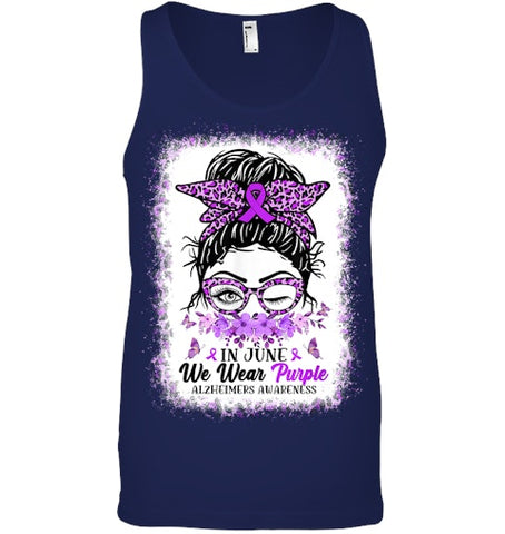 Image of In June We Wear Purple Alzheimer Awareness Messy Bun Support T Shirt