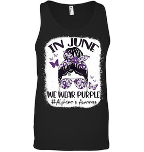 In June We Wear Purple Alzheimer s Awareness Month Messy Bun Tank Top