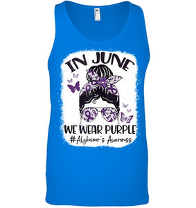 In June We Wear Purple Alzheimer s Awareness Month Messy Bun Tank Top