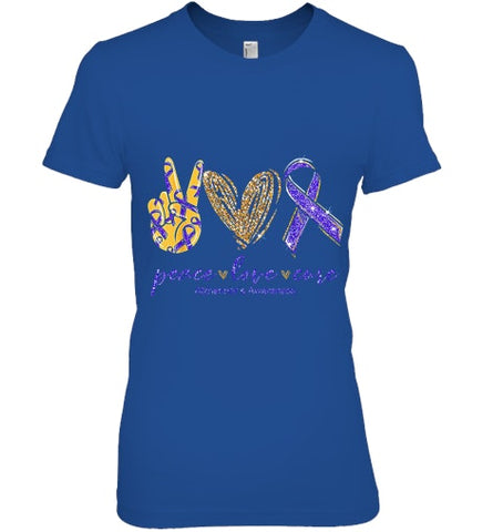 Image of Peace Love Cure Alzheimer s Awareness T Shirt