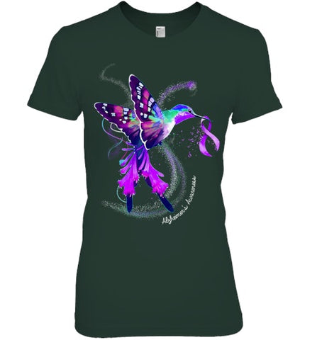 Image of Hummingbird Holding Purple Ribbon Alzheimer s Awareness T Shirt