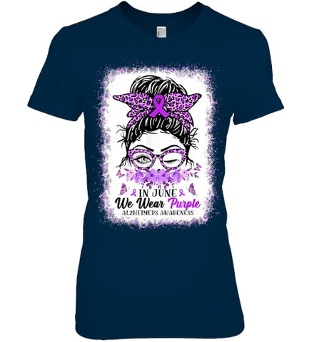 Image of In June We Wear Purple Alzheimer Awareness Messy Bun Support T Shirt