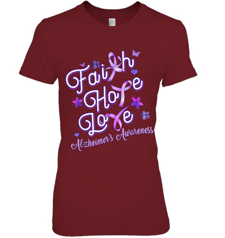 Image of Alzheimer s Awareness Purple Ribbon Products Faith Hope Love T Shirt