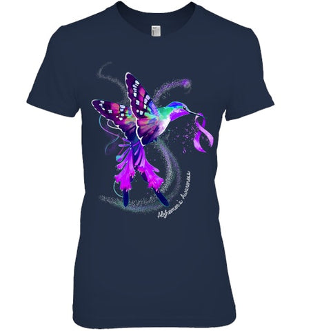 Image of Hummingbird Holding Purple Ribbon Alzheimer s Awareness T Shirt