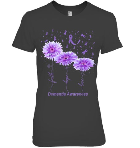 Image of Faith Hope Love Purple Flower Ribbon Dementia Awareness T Shirt