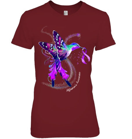 Image of Hummingbird Holding Purple Ribbon Alzheimer s Awareness T Shirt