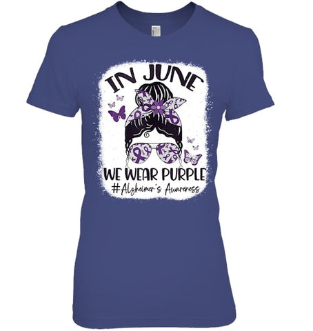 Image of In June We Wear Purple Alzheimer s Awareness Month Messy Bun Tank Top