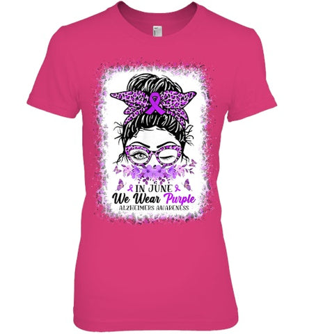 Image of In June We Wear Purple Alzheimer Awareness Messy Bun Support T Shirt