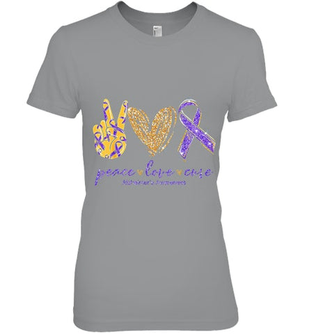 Image of Peace Love Cure Alzheimer s Awareness T Shirt