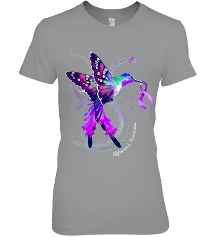 Image of Hummingbird Holding Purple Ribbon Alzheimer s Awareness T Shirt