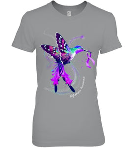 Hummingbird Holding Purple Ribbon Alzheimer s Awareness T Shirt