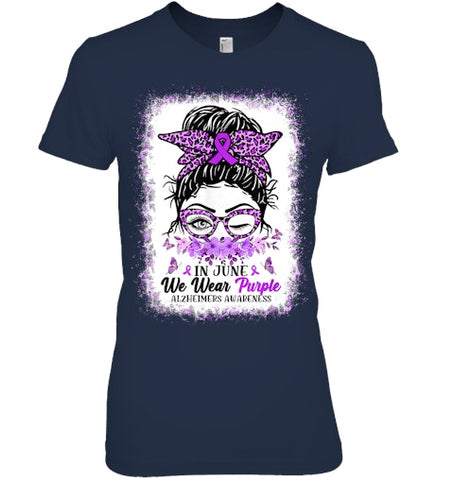 Image of In June We Wear Purple Alzheimer Awareness Messy Bun Support T Shirt