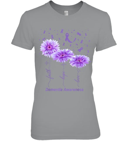 Image of Faith Hope Love Purple Flower Ribbon Dementia Awareness T Shirt