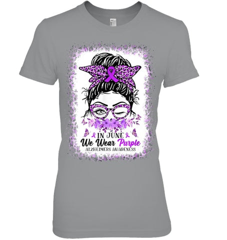 Image of In June We Wear Purple Alzheimer Awareness Messy Bun Support T Shirt