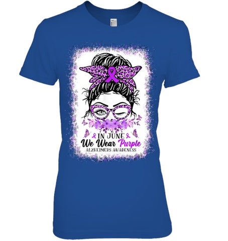 Image of In June We Wear Purple Alzheimer Awareness Messy Bun Support T Shirt