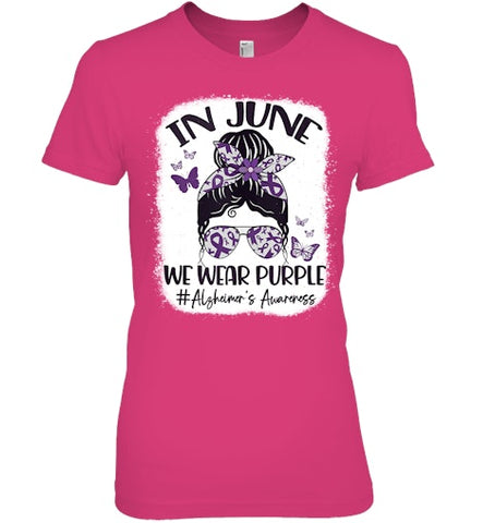 Image of In June We Wear Purple Alzheimer s Awareness Month Messy Bun Tank Top