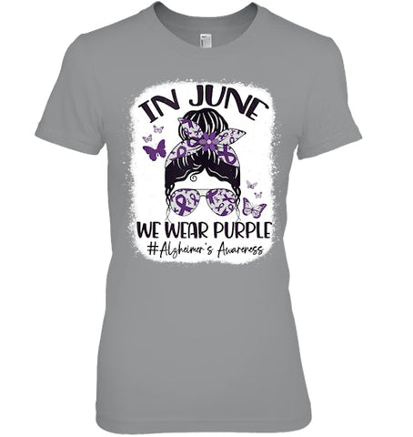 Image of In June We Wear Purple Alzheimer s Awareness Month Messy Bun Tank Top