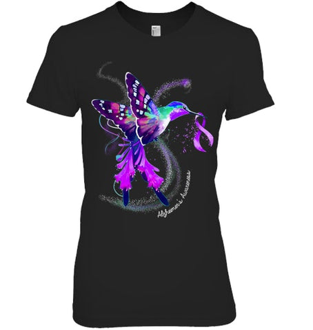 Image of Hummingbird Holding Purple Ribbon Alzheimer s Awareness T Shirt