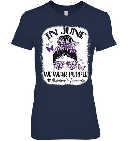 Image of In June We Wear Purple Alzheimer s Awareness Month Messy Bun Tank Top