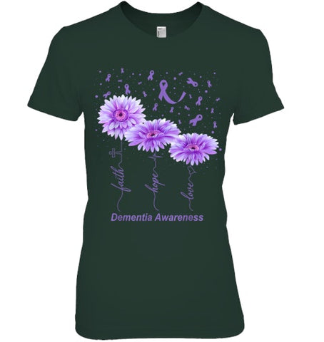 Image of Faith Hope Love Purple Flower Ribbon Dementia Awareness T Shirt