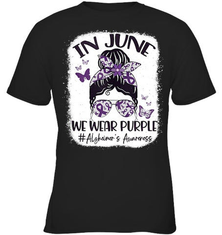 Image of In June We Wear Purple Alzheimer s Awareness Month Messy Bun Tank Top