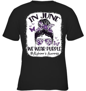 In June We Wear Purple Alzheimer s Awareness Month Messy Bun Tank Top