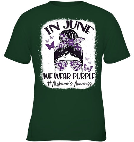 Image of In June We Wear Purple Alzheimer s Awareness Month Messy Bun Tank Top