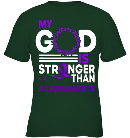 Image of My God Is Stronger Than Alzheimer s Awareness Ribbon T Shirt