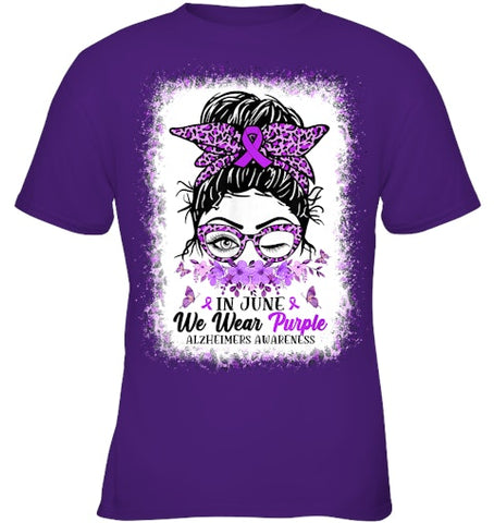 Image of In June We Wear Purple Alzheimer Awareness Messy Bun Support T Shirt