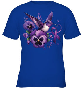 Hummingbird Holding Purple Ribbon Alzheimer Awareness Pansy