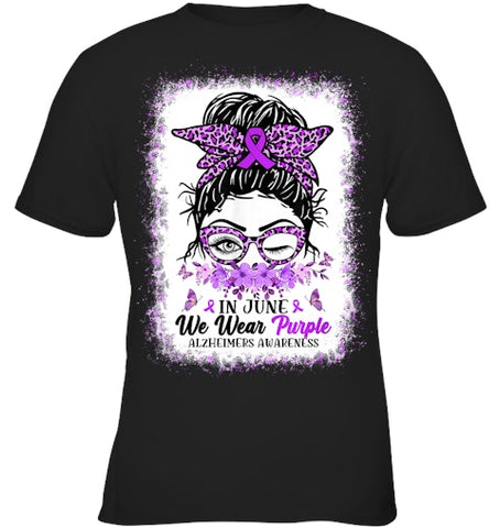 Image of In June We Wear Purple Alzheimer Awareness Messy Bun Support T Shirt