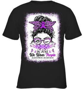 In June We Wear Purple Alzheimer Awareness Messy Bun Support T Shirt