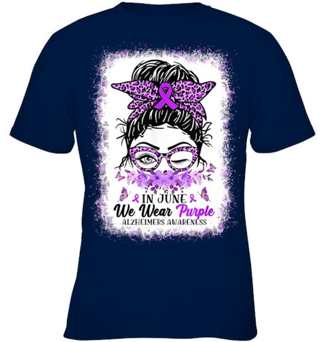 Image of In June We Wear Purple Alzheimer Awareness Messy Bun Support T Shirt