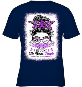 In June We Wear Purple Alzheimer Awareness Messy Bun Support T Shirt