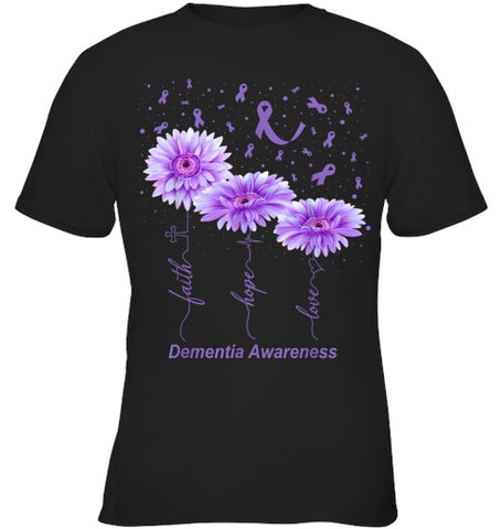 Image of Faith Hope Love Purple Flower Ribbon Dementia Awareness T Shirt