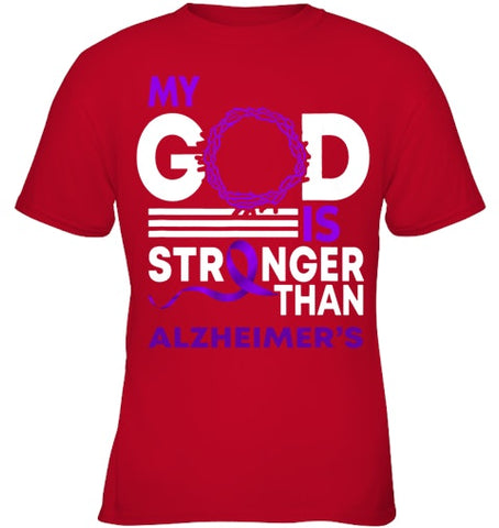 Image of My God Is Stronger Than Alzheimer s Awareness Ribbon T Shirt