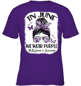 In June We Wear Purple Alzheimer s Awareness Month Messy Bun Tank Top