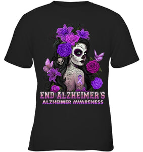 End AlzheImer's Skull Girl Flowers   Alzheimer's Awareness