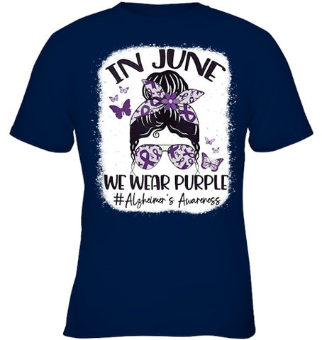 Image of In June We Wear Purple Alzheimer s Awareness Month Messy Bun Tank Top