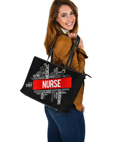 Image of Nurse Word Cloud Large Leather Tote Bag