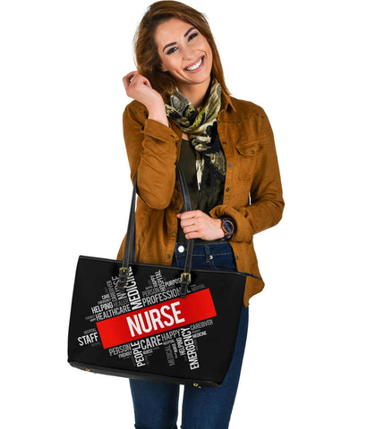 Image of Nurse Word Cloud Large Leather Tote Bag